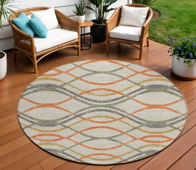 8' Orange Ivory And Gray Round Abstract Washable Indoor Outdoor Area Rug