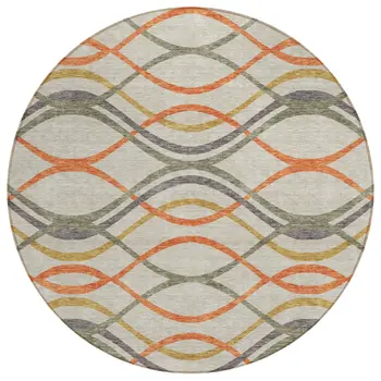 8' Orange Ivory And Gray Round Abstract Washable Indoor Outdoor Area Rug