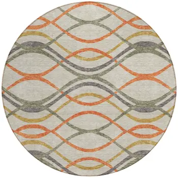 8' Orange Ivory And Gray Round Abstract Washable Indoor Outdoor Area Rug