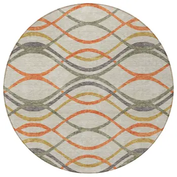 8' Orange Ivory And Gray Round Abstract Washable Indoor Outdoor Area Rug