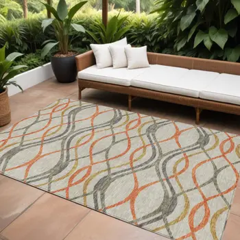 8' X 10' Orange Ivory And Gray Abstract Washable Indoor Outdoor Area Rug