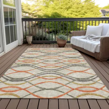8' X 10' Orange Ivory And Gray Abstract Washable Indoor Outdoor Area Rug