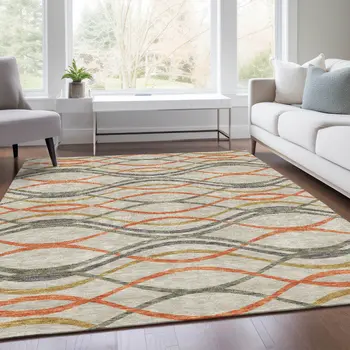 9' X 12' Orange Ivory And Gray Abstract Washable Indoor Outdoor Area Rug