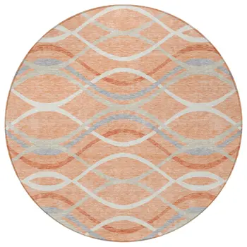 8' Peach Orange And Gray Round Abstract Washable Indoor Outdoor Area Rug