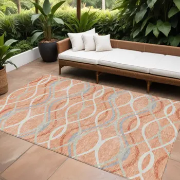 10' X 14' Peach Orange And Gray Abstract Washable Indoor Outdoor Area Rug