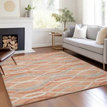 10' X 14' Peach Orange And Gray Abstract Washable Indoor Outdoor Area Rug