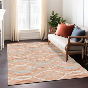 10' X 14' Peach Orange And Gray Abstract Washable Indoor Outdoor Area Rug