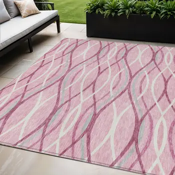 5' X 8' Pink Mauve And Ivory Abstract Washable Indoor Outdoor Area Rug