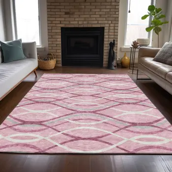 5' X 8' Pink Mauve And Ivory Abstract Washable Indoor Outdoor Area Rug