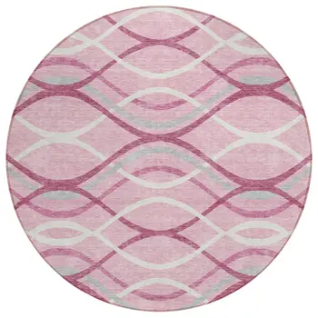 8' Pink Mauve And Ivory Round Abstract Washable Indoor Outdoor Area Rug