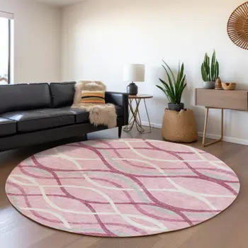 8' Pink Mauve And Ivory Round Abstract Washable Indoor Outdoor Area Rug