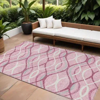 8' X 10' Pink Mauve And Ivory Abstract Washable Indoor Outdoor Area Rug
