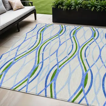 5' X 8' Sky Blue And Beige Abstract Washable Indoor Outdoor Area Rug