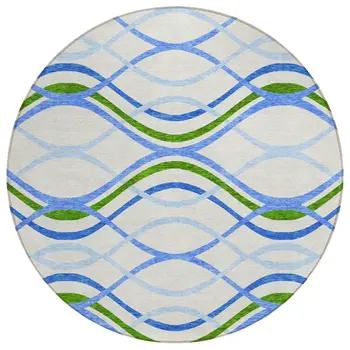 8' Sky Blue And Beige Round Abstract Washable Indoor Outdoor Area Rug