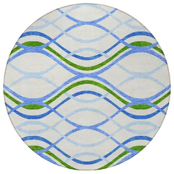 8' Sky Blue And Beige Round Abstract Washable Indoor Outdoor Area Rug