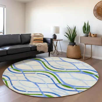 8' Sky Blue And Beige Round Abstract Washable Indoor Outdoor Area Rug