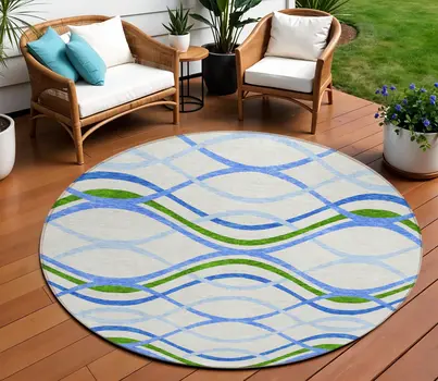 8' Sky Blue And Beige Round Abstract Washable Indoor Outdoor Area Rug