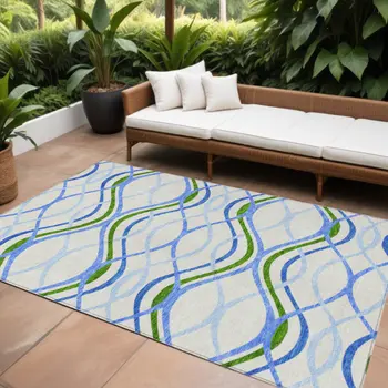 8' X 10' Sky Blue And Beige Abstract Washable Indoor Outdoor Area Rug