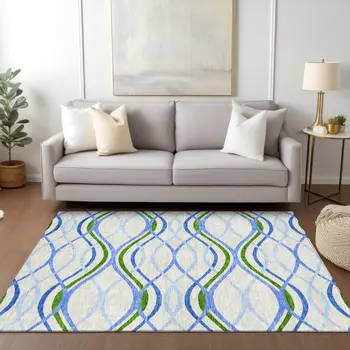 8' X 10' Sky Blue And Beige Abstract Washable Indoor Outdoor Area Rug