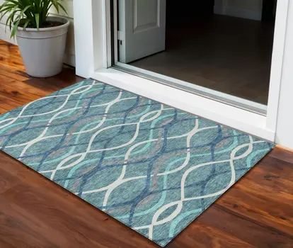 3' X 5' Teal Blue Navy Blue And Gray Abstract Washable Indoor Outdoor Area Rug