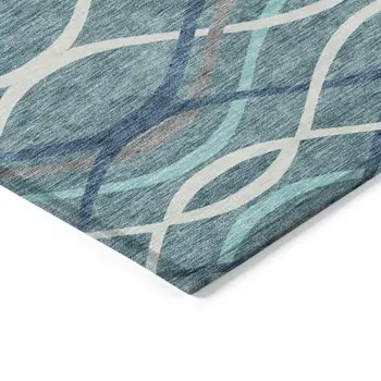3' X 5' Teal Blue Navy Blue And Gray Abstract Washable Indoor Outdoor Area Rug