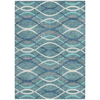 5' X 8' Teal Blue Navy Blue And Gray Abstract Washable Indoor Outdoor Area Rug