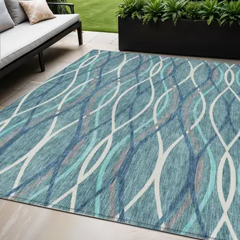 5' X 8' Teal Blue Navy Blue And Gray Abstract Washable Indoor Outdoor Area Rug