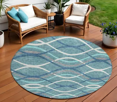 8' Teal Blue Navy Blue And Gray Round Abstract Washable Indoor Outdoor Area Rug
