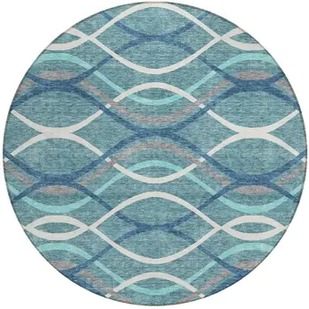 8' Teal Blue Navy Blue And Gray Round Abstract Washable Indoor Outdoor Area Rug