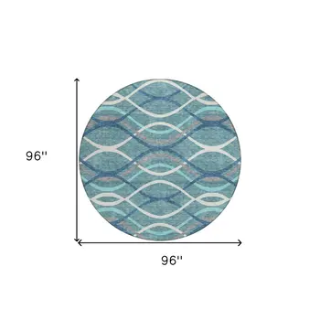8' Teal Blue Navy Blue And Gray Round Abstract Washable Indoor Outdoor Area Rug