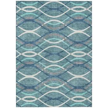 9' X 12' Teal Blue Navy Blue And Gray Abstract Washable Indoor Outdoor Area Rug