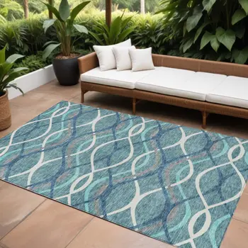 10' X 14' Teal Blue Navy Blue And Gray Abstract Washable Indoor Outdoor Area Rug