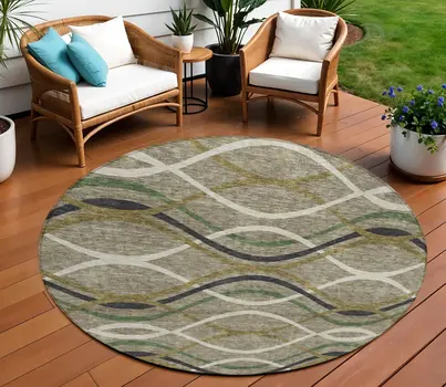 8' Taupe Beige And Charcoal Round Abstract Washable Indoor Outdoor Area Rug