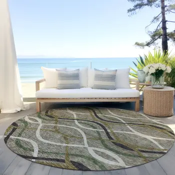 8' Taupe Beige And Charcoal Round Abstract Washable Indoor Outdoor Area Rug