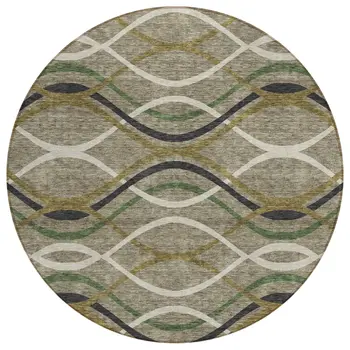 8' Taupe Beige And Charcoal Round Abstract Washable Indoor Outdoor Area Rug