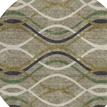 8' Taupe Beige And Charcoal Round Abstract Washable Indoor Outdoor Area Rug