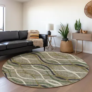 8' Taupe Beige And Charcoal Round Abstract Washable Indoor Outdoor Area Rug