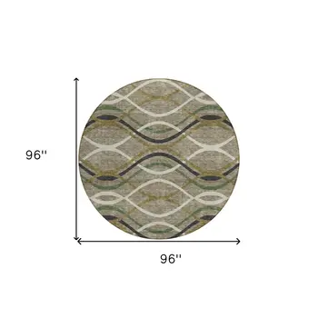 8' Taupe Beige And Charcoal Round Abstract Washable Indoor Outdoor Area Rug