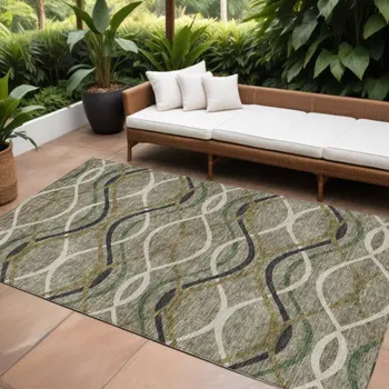 8' X 10' Taupe Beige And Charcoal Abstract Washable Indoor Outdoor Area Rug