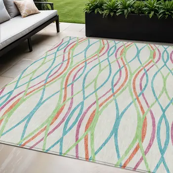 5' X 8' White Teal Blue And Lime Green Abstract Washable Indoor Outdoor Area Rug