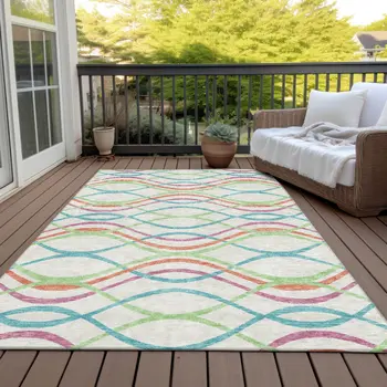 5' X 8' White Teal Blue And Lime Green Abstract Washable Indoor Outdoor Area Rug