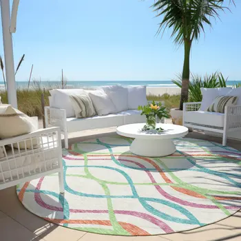 8' White Teal Blue And Lime Green Round Abstract Washable Indoor Outdoor Area Rug