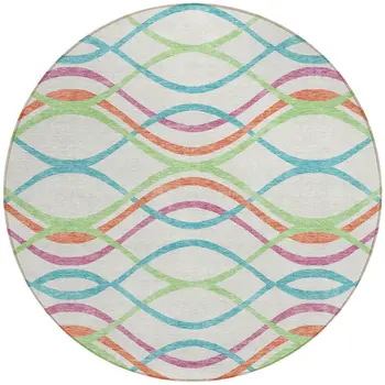 8' White Teal Blue And Lime Green Round Abstract Washable Indoor Outdoor Area Rug