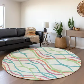 8' White Teal Blue And Lime Green Round Abstract Washable Indoor Outdoor Area Rug