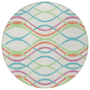8' White Teal Blue And Lime Green Round Abstract Washable Indoor Outdoor Area Rug