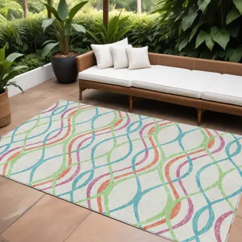 8' X 10' White Teal Blue And Lime Green Abstract Washable Indoor Outdoor Area Rug