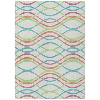8' X 10' White Teal Blue And Lime Green Abstract Washable Indoor Outdoor Area Rug