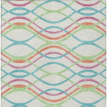 9' X 12' White Teal Blue And Lime Green Abstract Washable Indoor Outdoor Area Rug