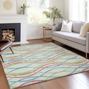 9' X 12' White Teal Blue And Lime Green Abstract Washable Indoor Outdoor Area Rug