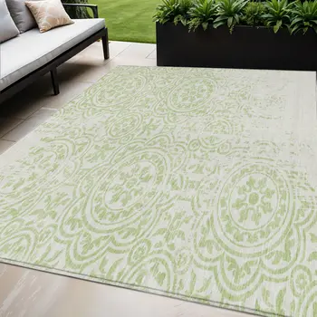 5' X 8' Artichoke Green And Ivory Medallion Washable Indoor Outdoor Area Rug